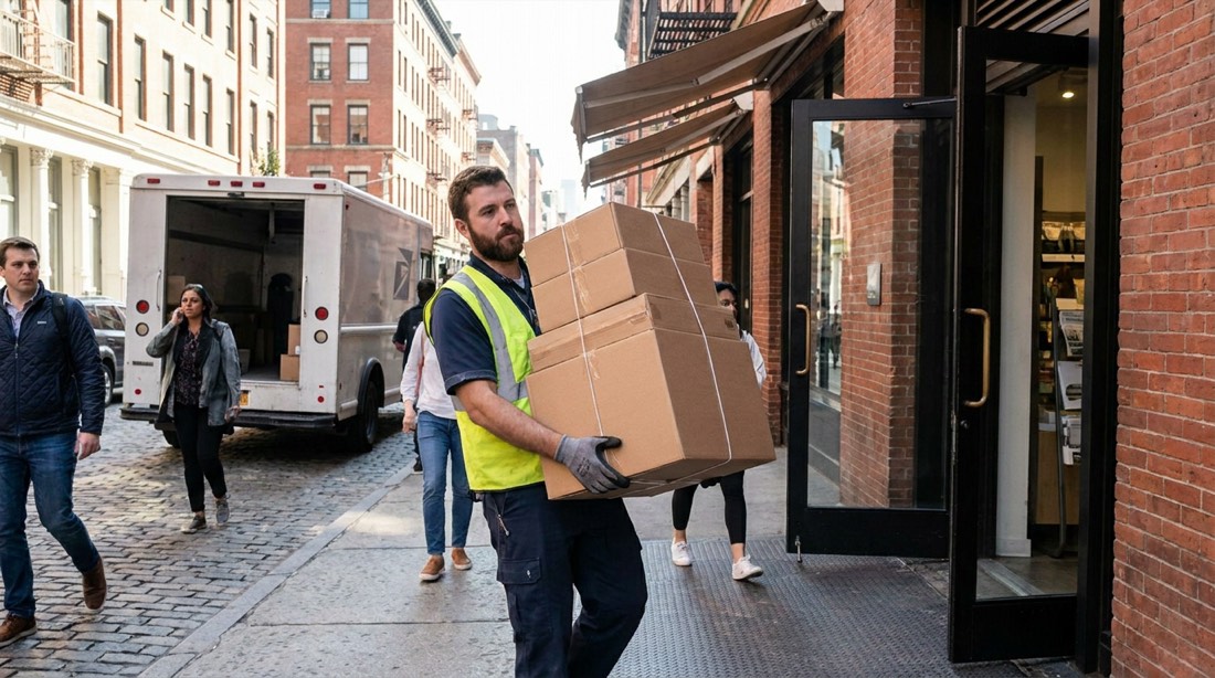 Repartidor llevando paquetes a un comercio