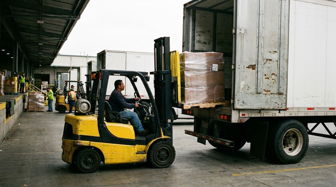 Autoelevador cargando un pallet en el camión