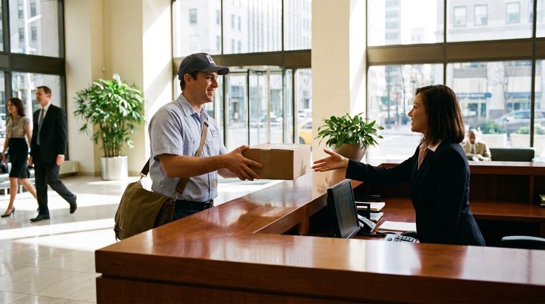 Entrega de un paquete en la recepción de una empresa