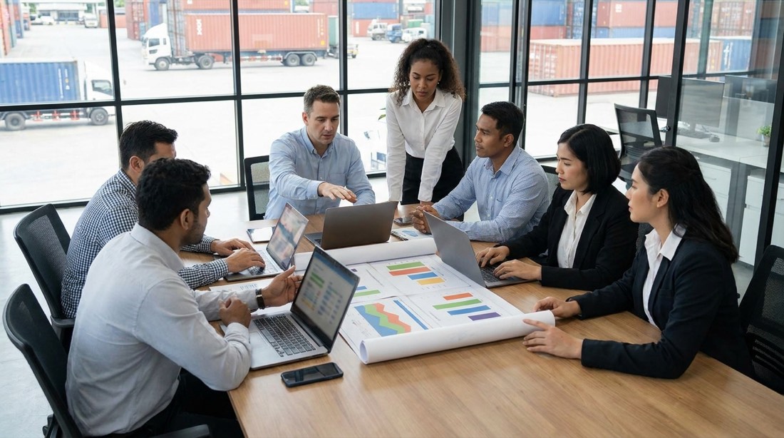 Equipo de logística planificando la operación