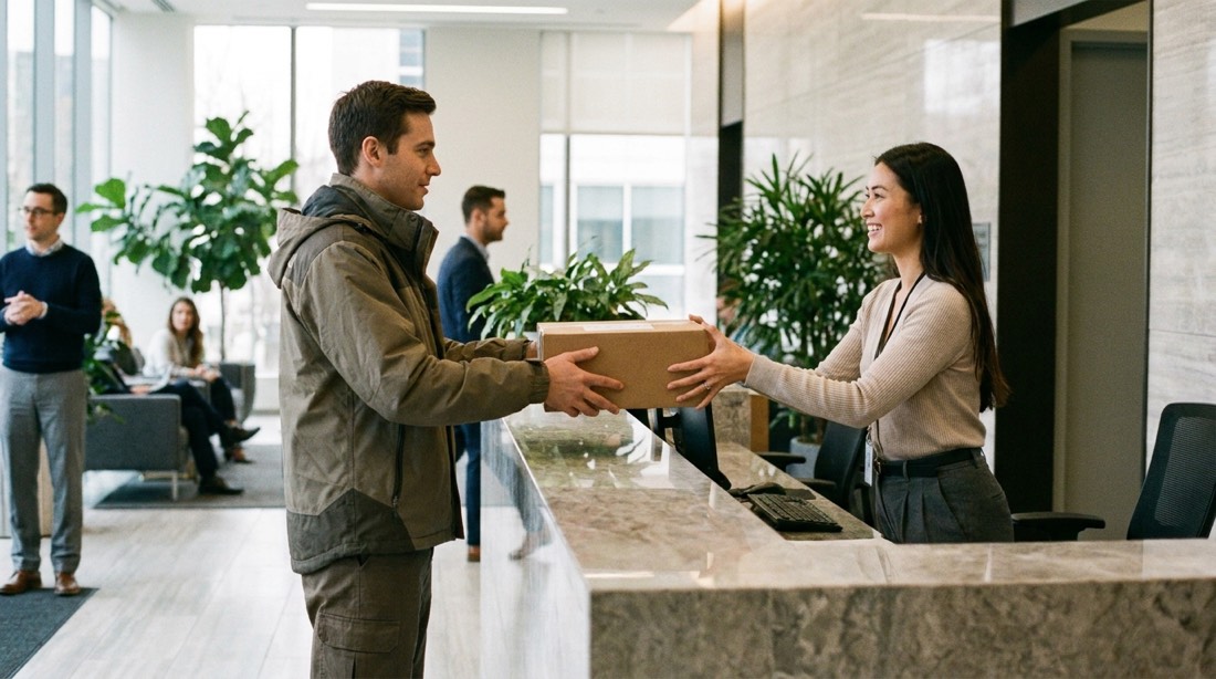Entrega de un paquete en la recepción de una empresa