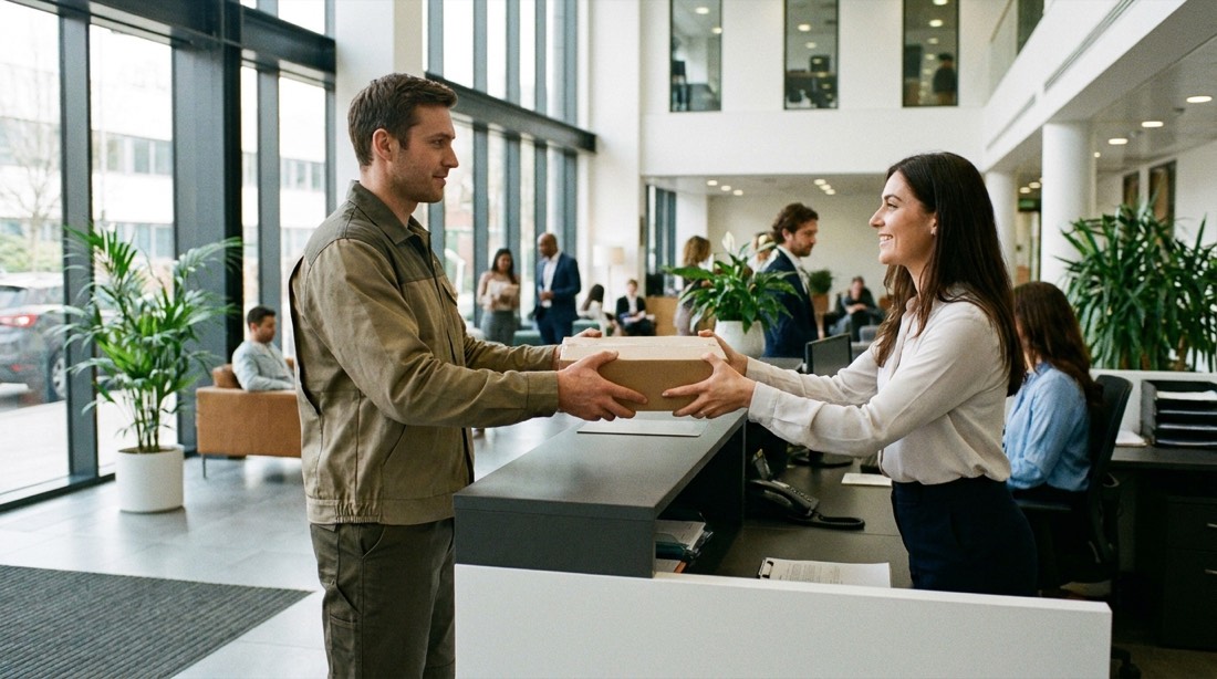 Entrega de un paquete en la recepción de una empresa