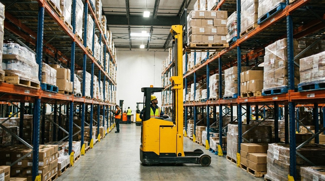 Autoelevador alcanzando pallets en racks altos