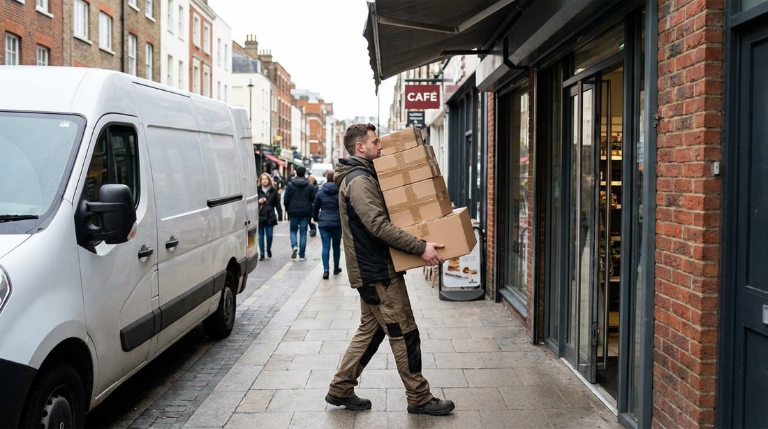 Repartidor llevando paquetes a un comercio