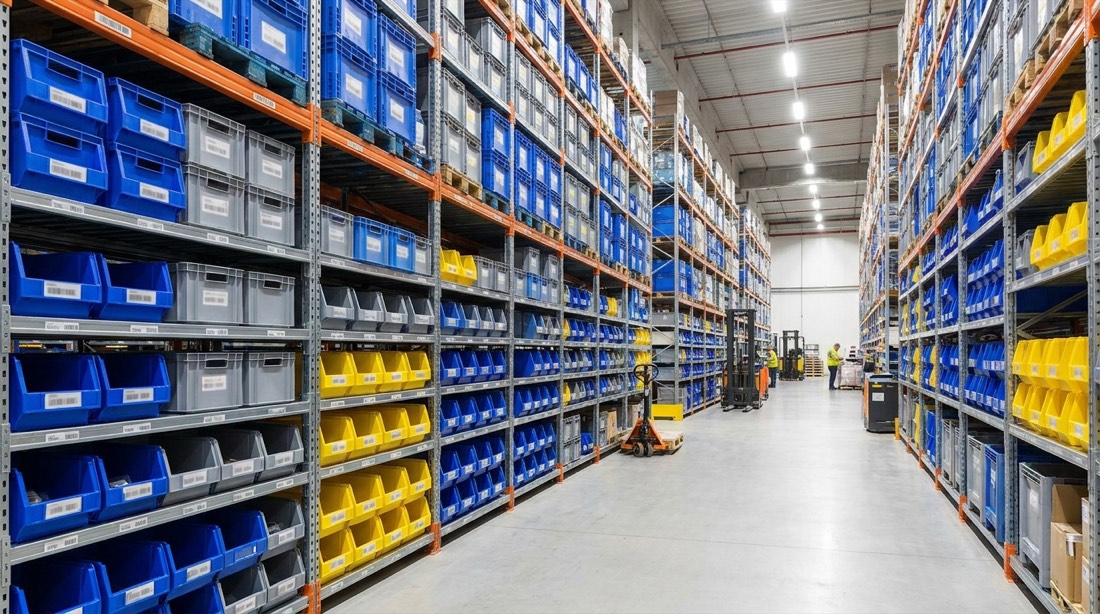 Estanterías ordenadas con cajas etiquetadas en el depósito
