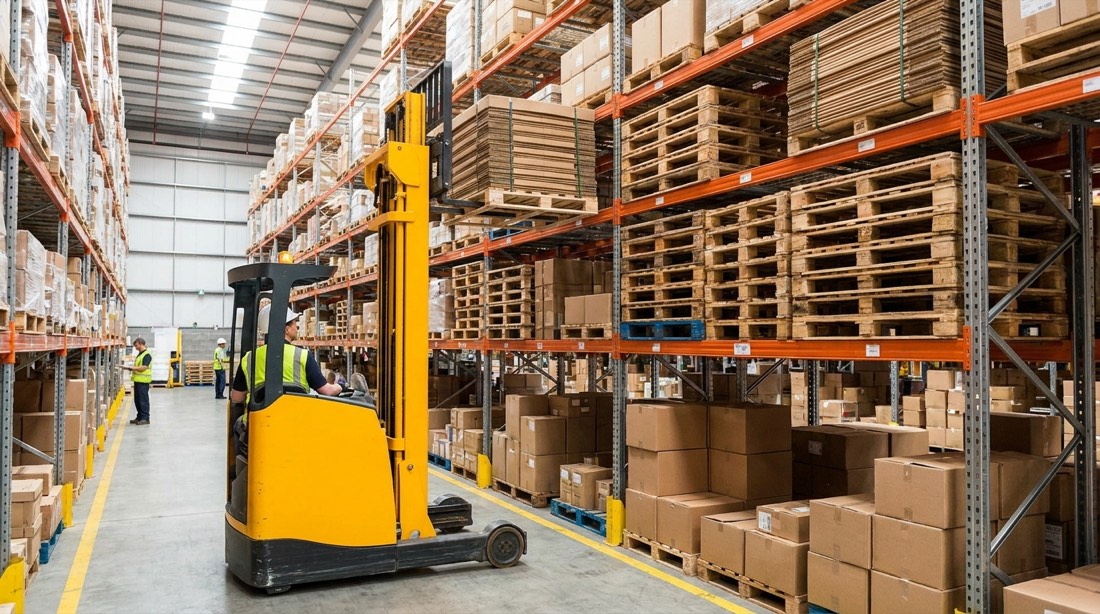Autoelevador alcanzando pallets en racks altos