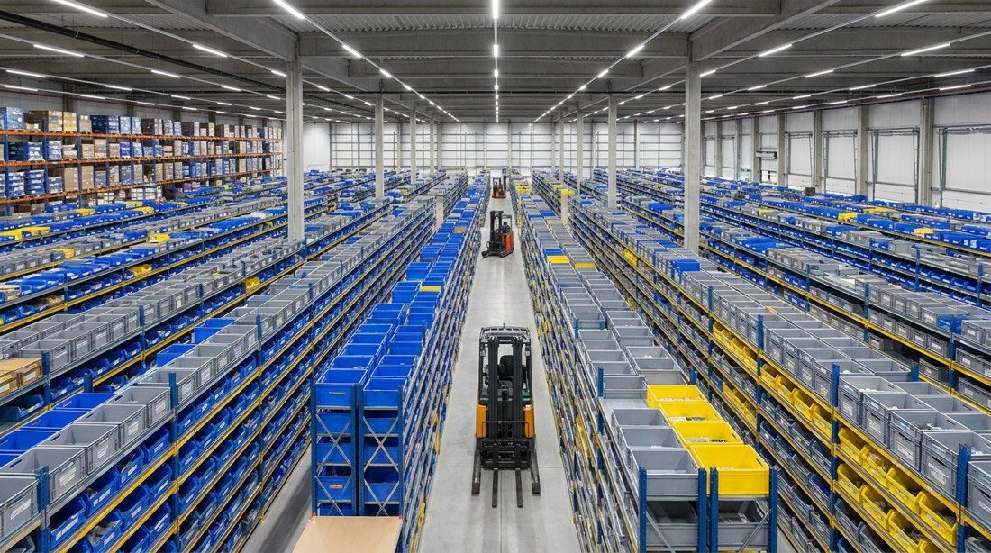 Estanterías ordenadas con cajas etiquetadas en el depósito