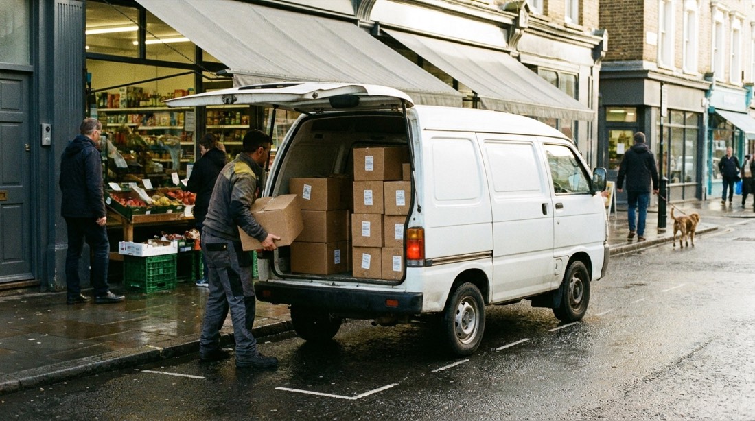 Camioneta cargando pedidos frente a un local