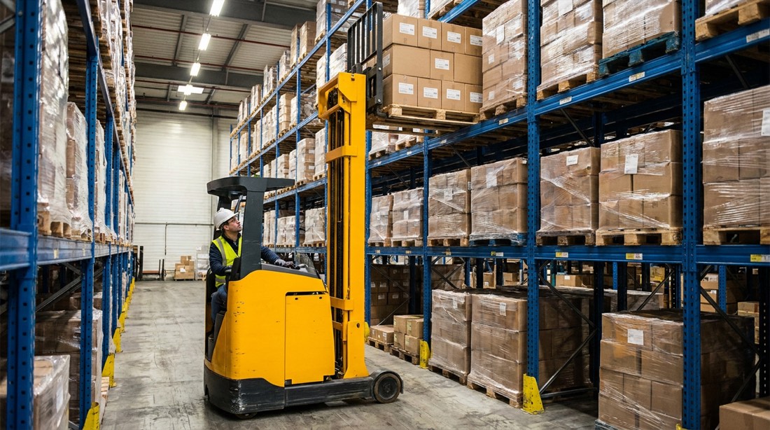 Autoelevador alcanzando pallets en racks altos
