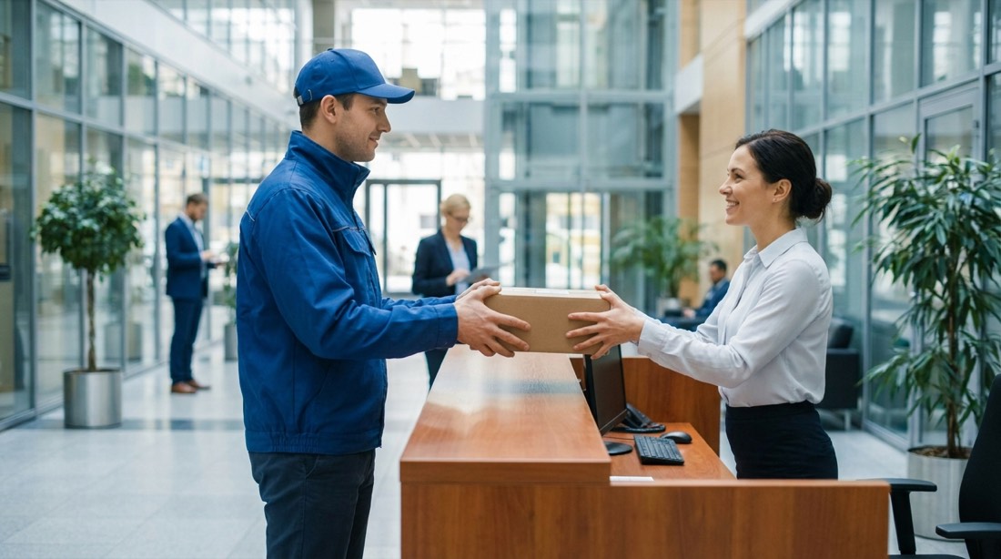 Entrega de un paquete en la recepción de una empresa