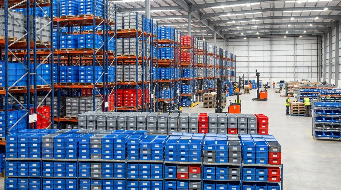 Estanterías ordenadas con cajas etiquetadas en el depósito