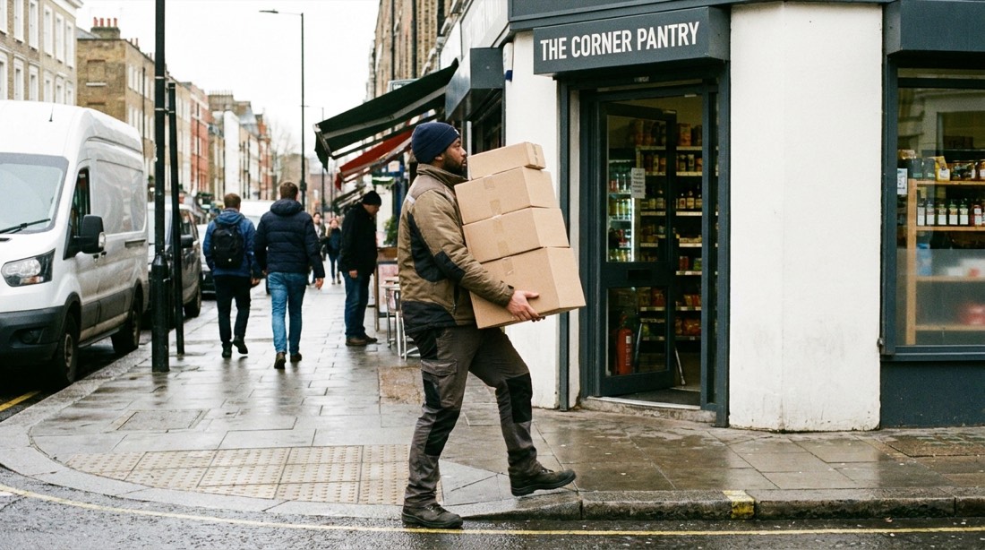 Repartidor llevando paquetes a un comercio