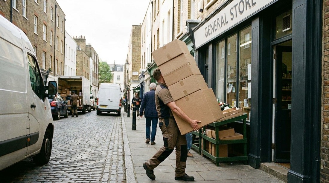 Repartidor llevando paquetes a un comercio