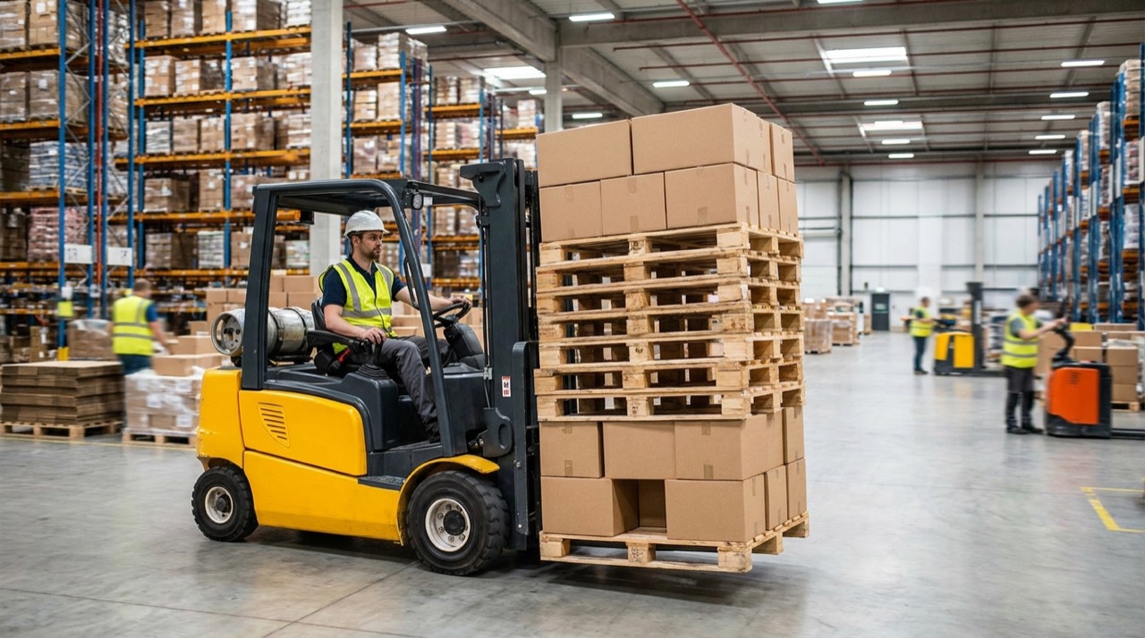 Autoelevador moviendo pallets en un depósito