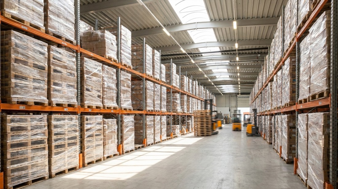 Pallets envueltos en film en el pasillo del depósito