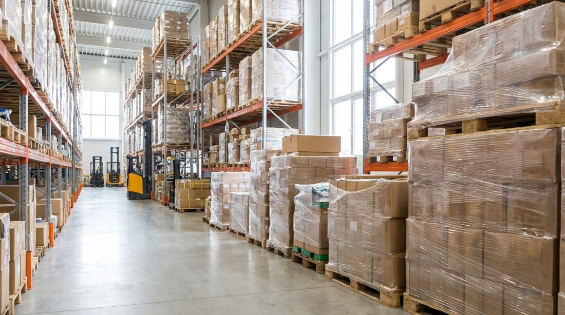 Mercadería paletizada en el centro logístico
