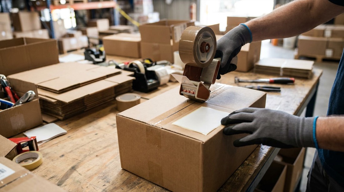 Sellado de una caja en la mesa de preparación