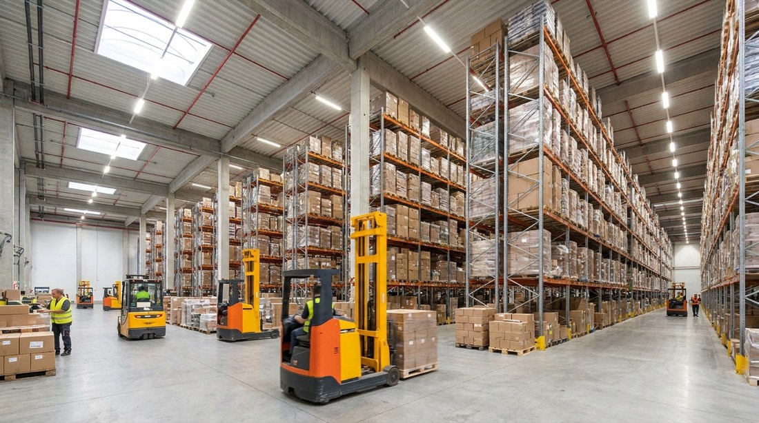 Depósito con racks altos y equipos en operación