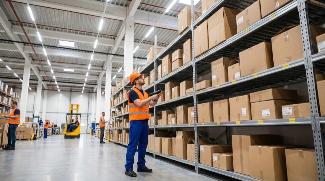 Depósito de fulfillment con estanterías llenas de cajas