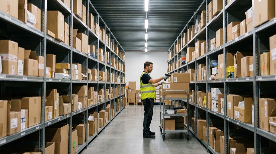 Depósito de fulfillment con estanterías llenas de cajas