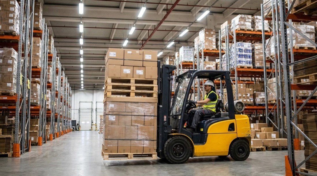 Autoelevador moviendo pallets en el depósito