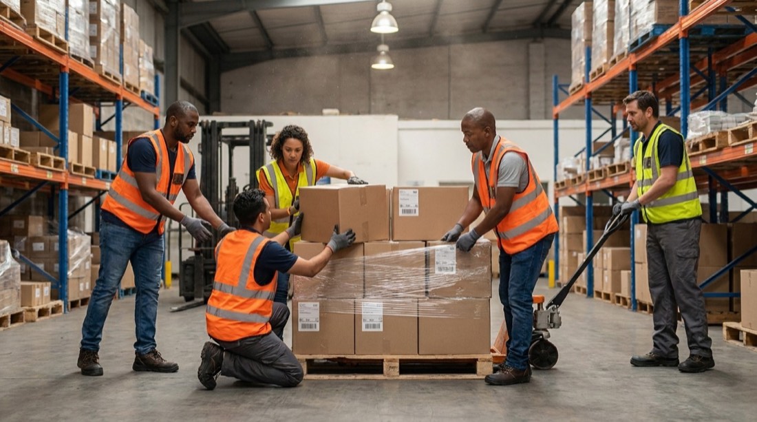Equipo de depósito armando pallets en conjunto