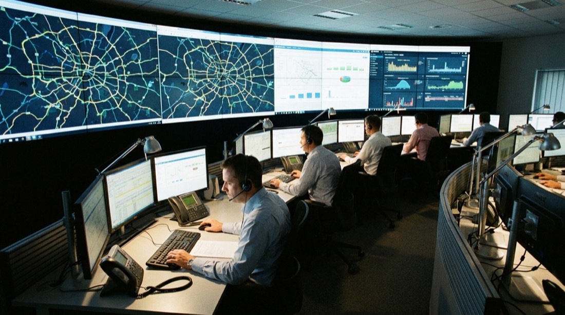 Centro de control logístico con tableros de seguimiento