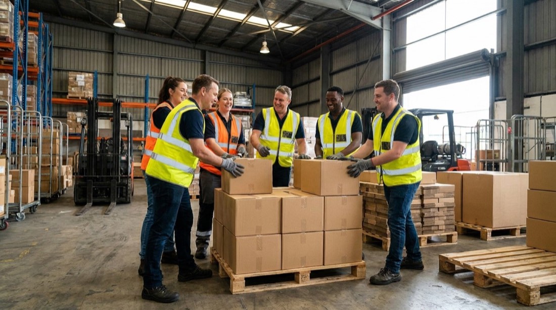 Equipo de depósito armando pallets en conjunto
