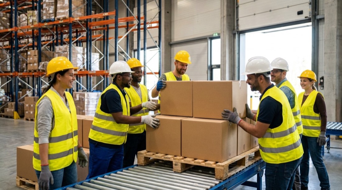 Equipo de depósito armando pallets en conjunto