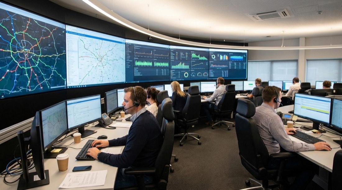 Centro de control logístico con tableros de seguimiento