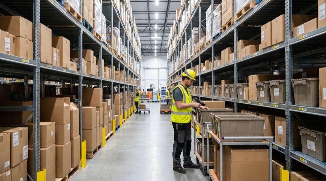 Depósito de fulfillment con estanterías llenas de cajas