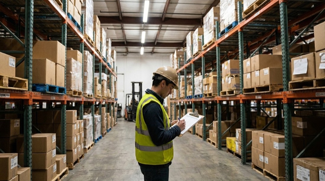 Control de inventario entre las estanterías del depósito