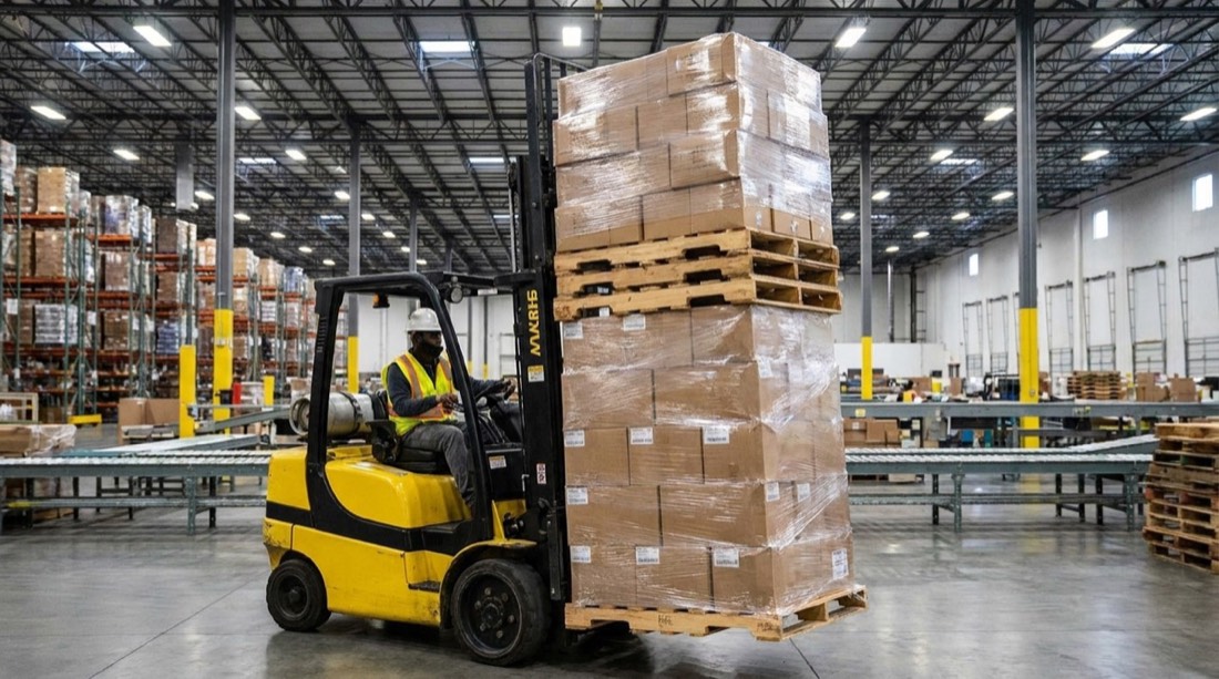 Autoelevador moviendo pallets en el depósito