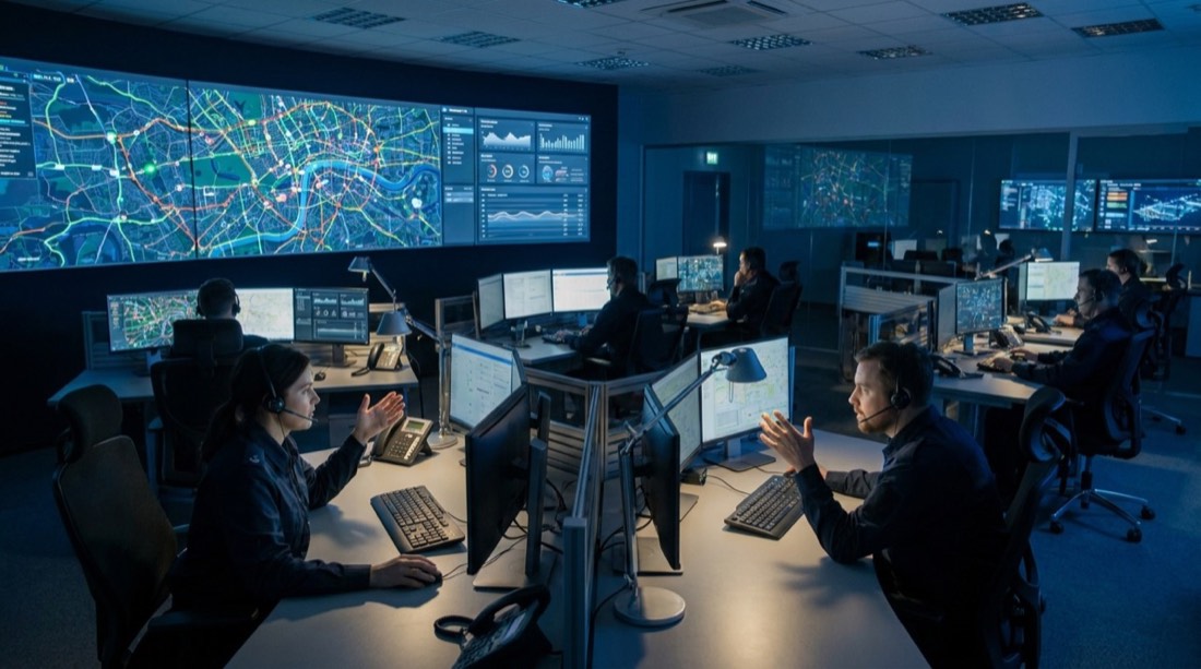 Centro de control logístico con tableros de seguimiento