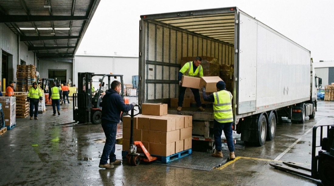Carga de mercadería en un camión en el muelle