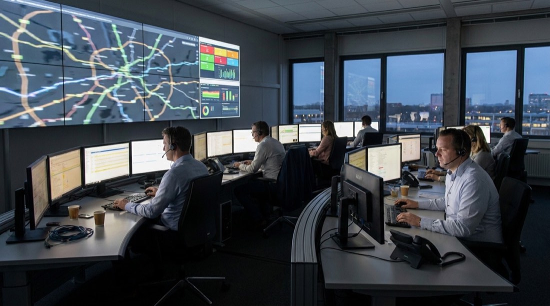Centro de control logístico con tableros de seguimiento