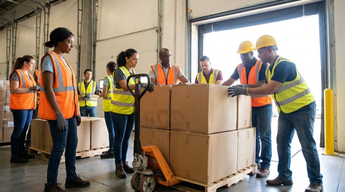 Equipo de depósito armando pallets en conjunto