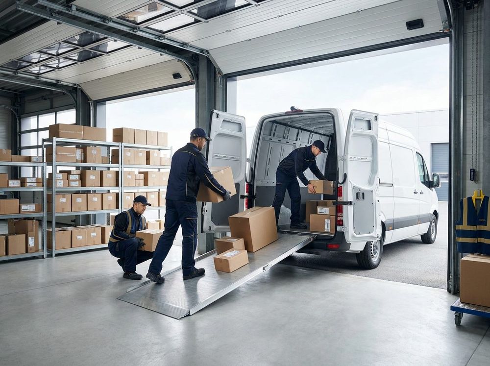 Operarios de Cruz Logística cargando y descargando paquetes en la van